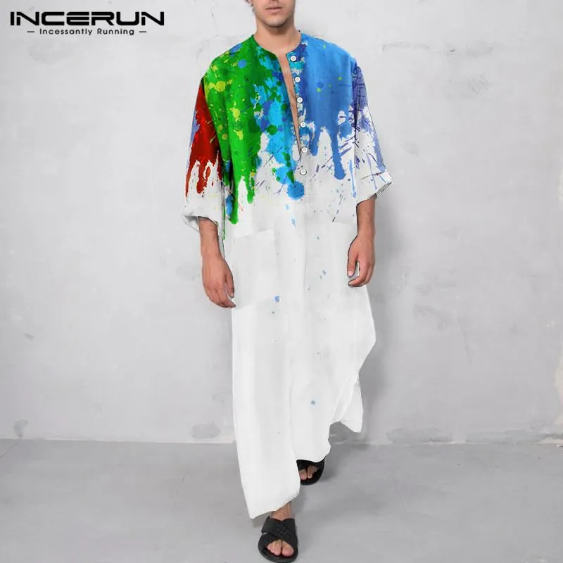 INCERUN 이슬람 남성 Kaftan 긴 소매 단추 주머니 넥타이 염료 인쇄 가운 레저 이슬람 아랍어 Jubba Thobe 두바이 Abaya S-5XL INCERUN