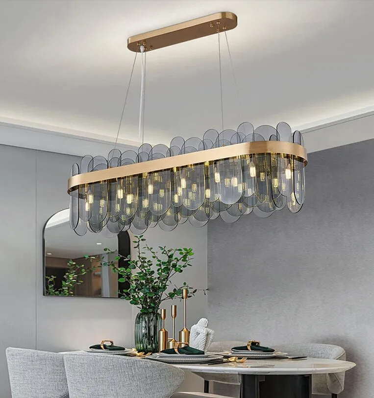 Neue moderne Kronleuchterbeleuchtung für das Esszimmer, ovale Glasleuchten, luxuriöse Kücheninsel-Hängelampen mit LED