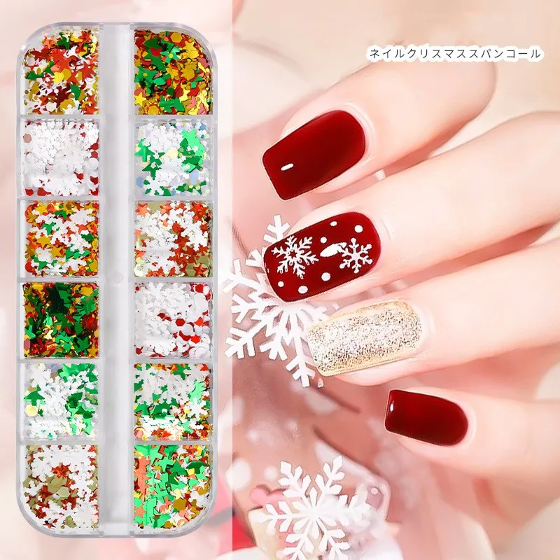 12 Grids/Sets Nail Glitter Stickers Snowflake Snow Christmas DIY Flakes Palette Manicure Slice Nail Art Decoration