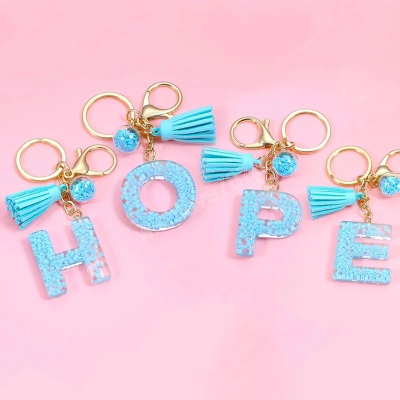 Fashion A-Z Letters Blue Tassel Keychains for Keys Women Jewelry Initial Resin Handbag Pendant Keychain Car Keyring Accessories