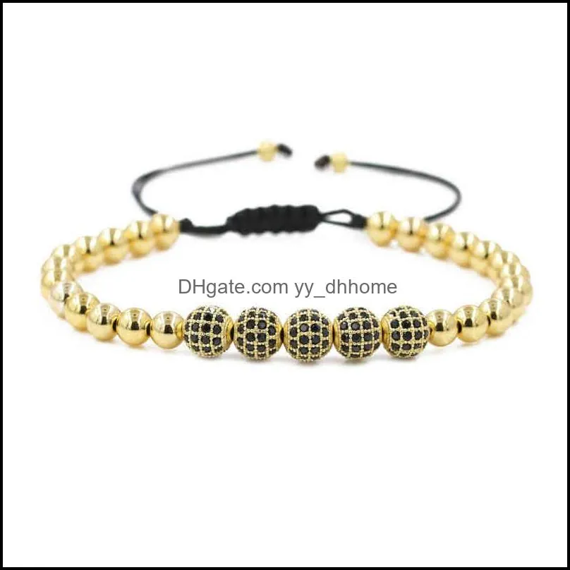 Men`s Handmade Jewelry Adjustable 18K Gold Copper Bead Micro Pave Black Zircon CZ Balls Braiding Macrame Bracelet
