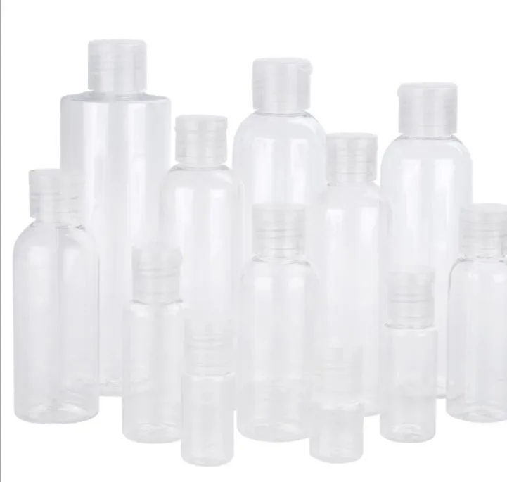 Plastik şişe flip kelebek kapak sıvı için 5 ml 10 ml 20 ml 30 ml 50 ml 60 ml 100 ml 120ml seyahat uçucu yağlar parfüm pet şişeleri ile