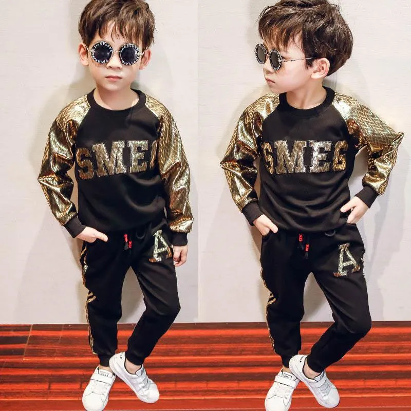 Boys suits casual kids tracksuit gold kids designer clothes boys tracksuits long sleeve t shirt+trousers boys clothes retail A8223