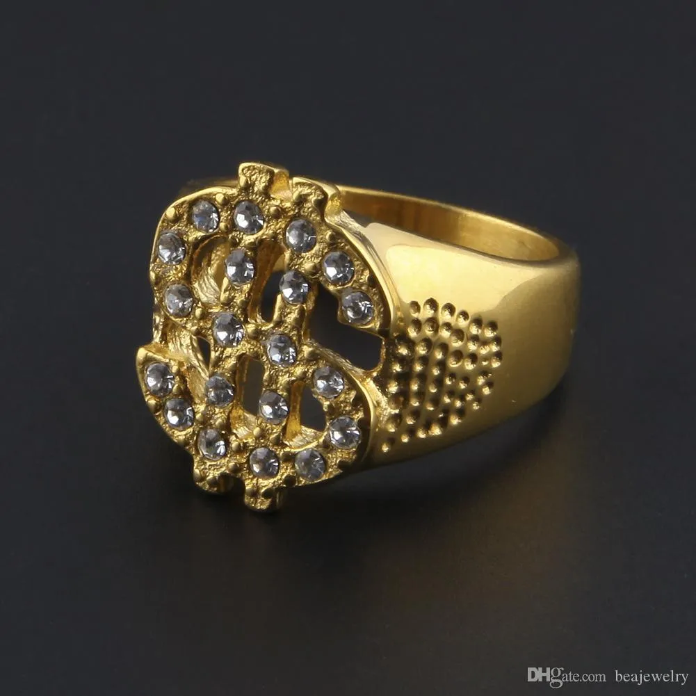 Хип-хоп Ювелирные Изделия Имитация алмазного доллара Очаровательное кольцо мода рок-стиль из нержавеющей стали позолоченное Blings $ кольцо подарок для мужчин и женщин