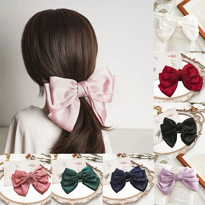 Słodki stały kolor Big Bow Hairpins Dla Dziewczyn Moda Klipy Włosów Kobiety Trzy Warstwy Satynowe Hairgrip Akcesoria do włosów Nakrycia głowy