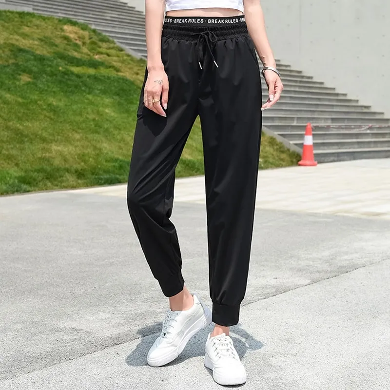 OUMENGKA Summer Thin Sweatpants Trousers Women Hip Hop Loose Jogger Mujer  Sporting Elastic Waist Black Casual Streetwear Pants 201012