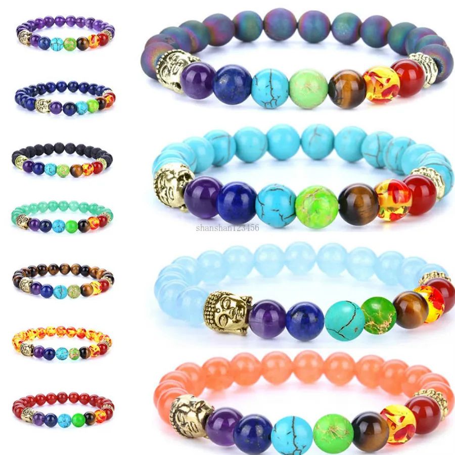 Retro Buda Head Tiger Eye Bracelets Yoga 7 Chakra Natural Stone Bracelet para homens J￳ias de moda de moda Will e Sandy Gift