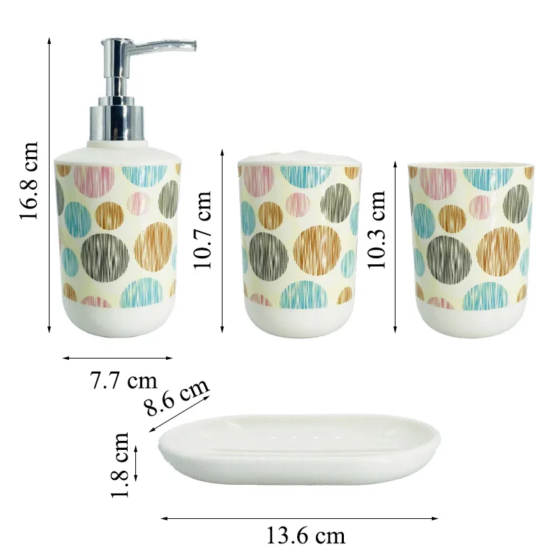 4 stks / set Afdrukken Badkamer Accessoire Set Huishoudelijke Decor Lotion Dispenser Mondwash Cup Zeepbak Set LJ201204