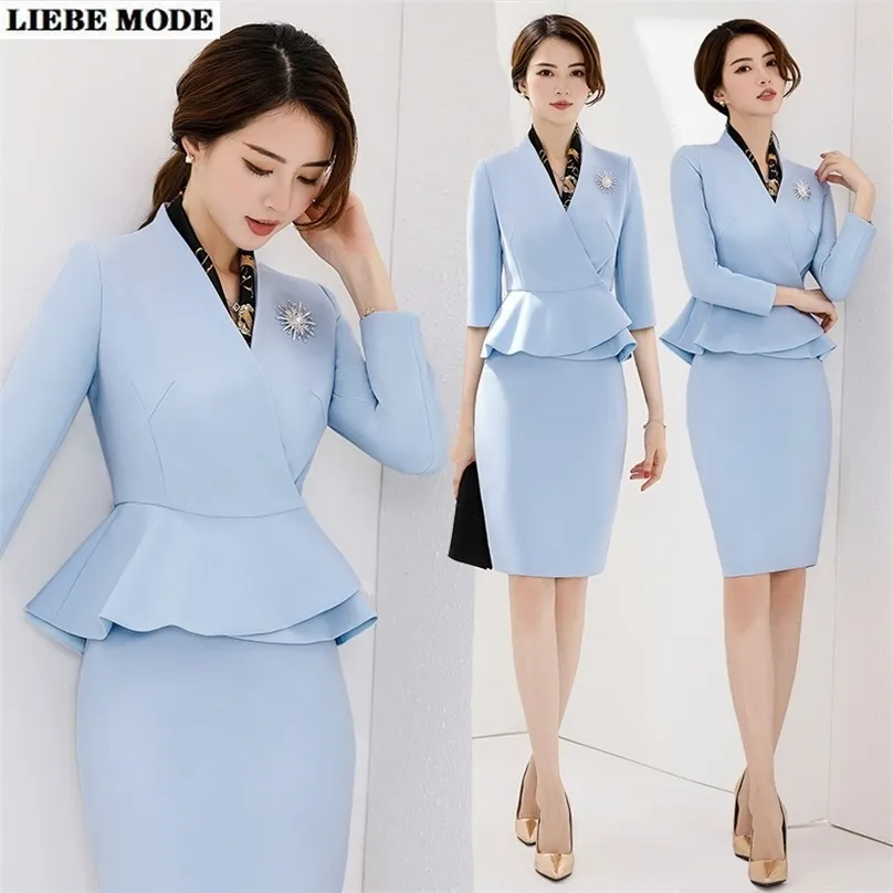 Büro Uniform Designs Blazer und Rock Set koreanischen Stil formalen Anzug für Frauen Business blau weiß Damen Arbeitskleidung 220302