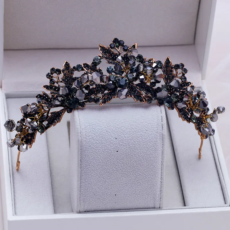 Barroco Handmade Black Crystal Beads Bridal Tiaras Coroa Rhinestone Diadem Pageant Veil Tiara Headbands Acessórios de Cabelo Y200807
