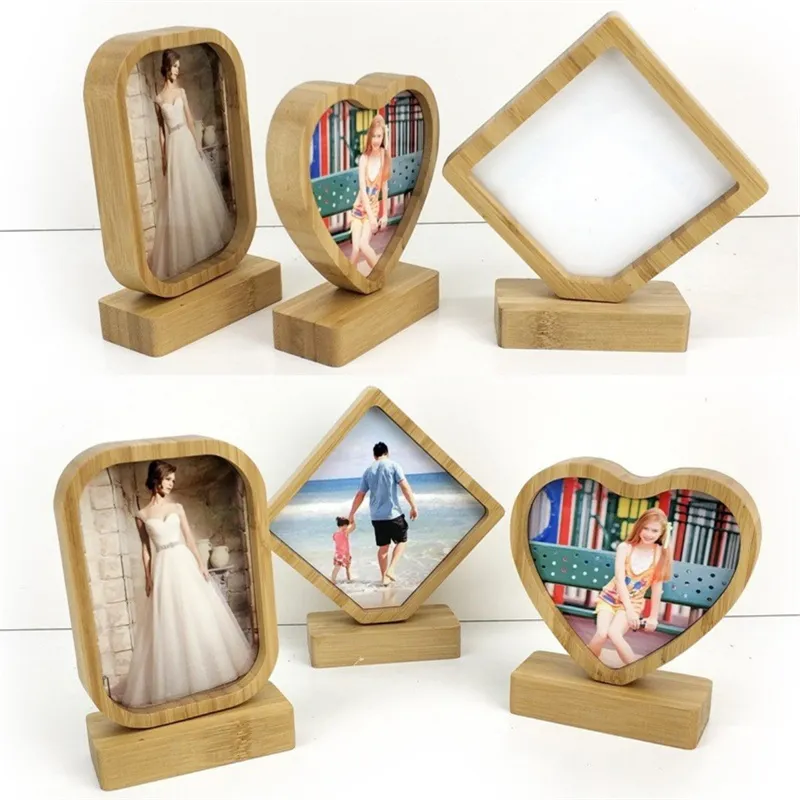 Bamboos Sublimation Blank Photo Frame With Base DIY Double Sided Wood Love Heart Round Frames Creative decorative photo-frame T9I001783