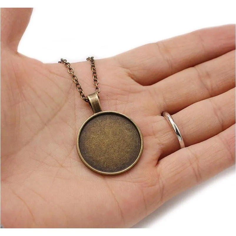 wholesale bronze 55cm 5cm link chain necklace alloy base tray bezel blank pendant necklaces for handmade 25mm cabochons jewelry