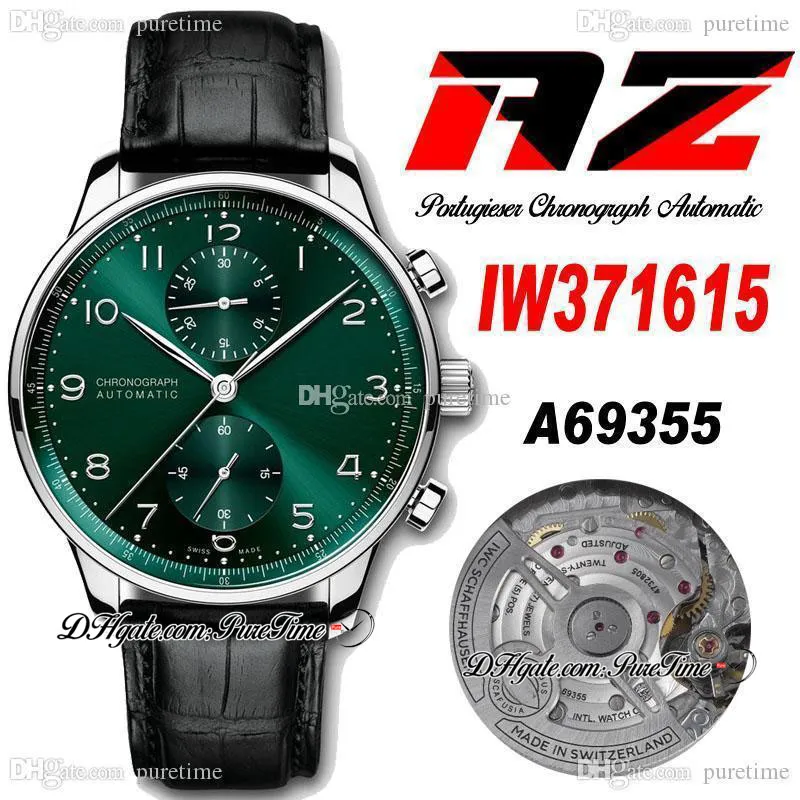 AZF IW371615 A69355 Automatisk kronograf Mens Watch Steel Case Green Ring Silvernummer Markörer Black Leather Strap Stopwatch Super Edition Puretime E5