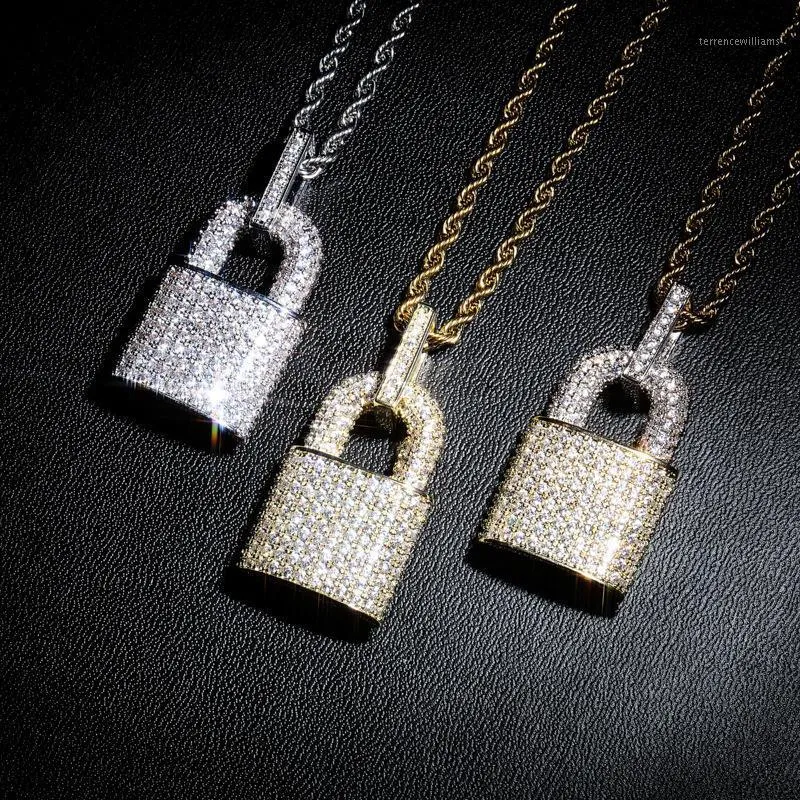 Pendant Necklaces Men Iced Out Bling Lock Necklace Fully CZ Stone Hip Hop Gold Silver Color Jewelry With Stainless Steel Rope Chain1