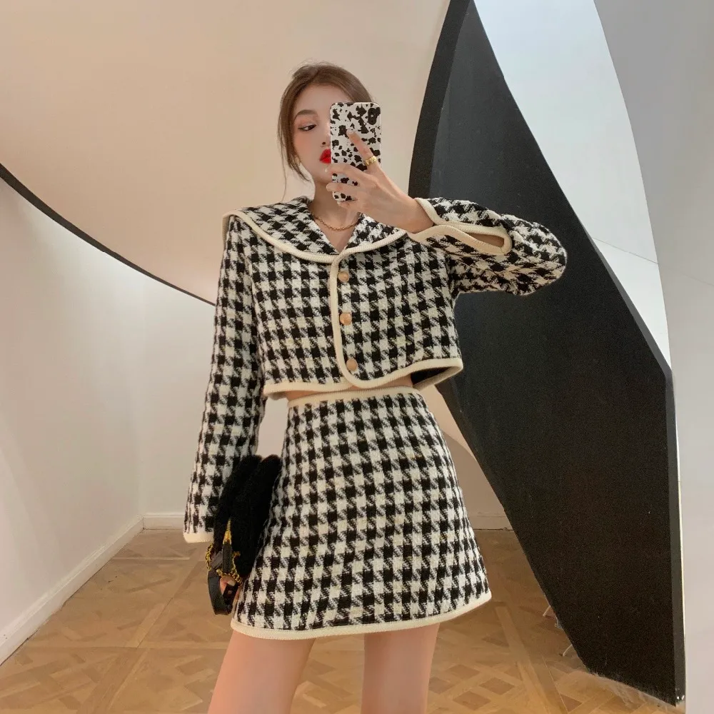 2021 A Line Autumn Vintage Houndstooth Tweed 2 Piece Set Women Plaid Single-Breasted Short Jacket Coat + Bodycon Mini Skirt Suit Outfit