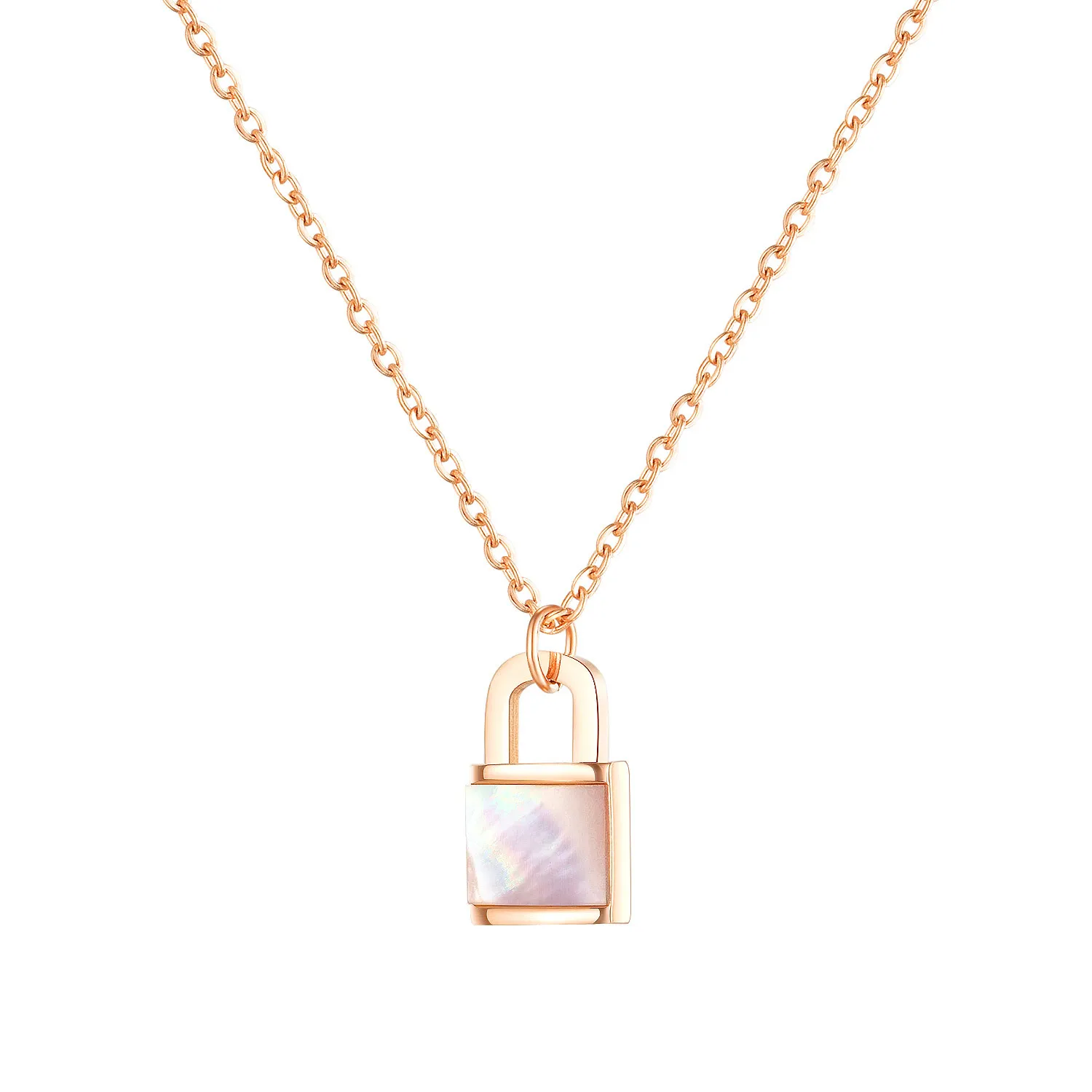 Fashion stylish designer stainless steel tiny cute shell lock pendant necklace for women girls rose gold