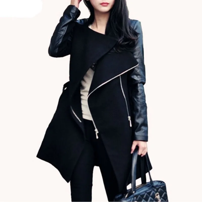 Elegant Womens Wool Blend Coat Faux Leather Trim, Long Sleeve