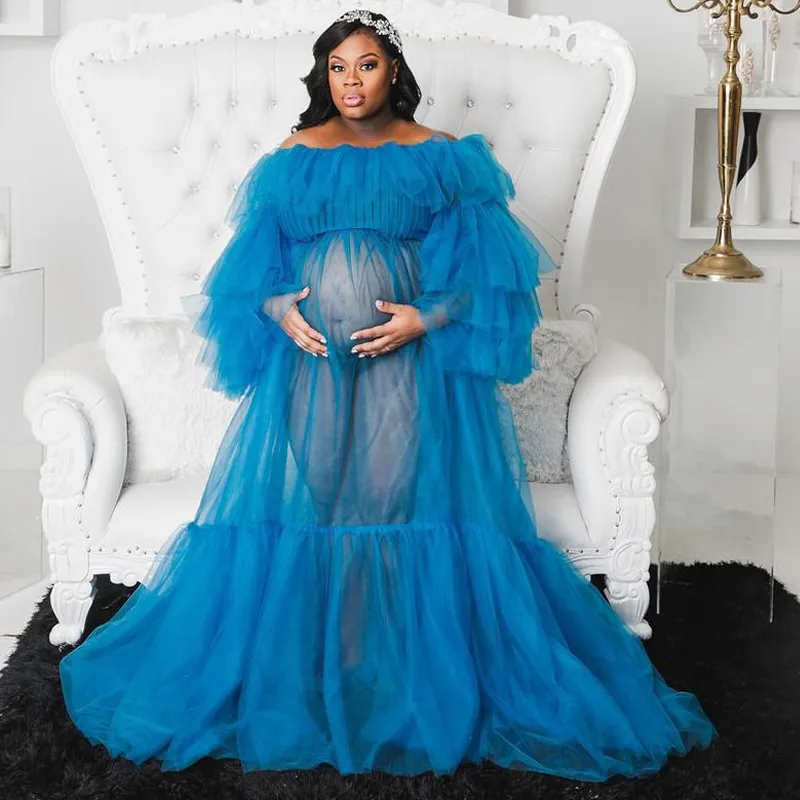 Ilusão Tule Maternidade Vestido para Fotografia Fancy Blue Tiered Ruffles Senhoras Sleepwear Vestidos para Shooting Barato