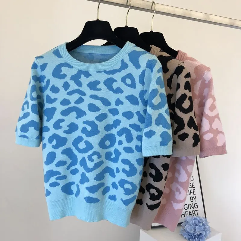 Outono nova feminina o-pescoço leopardo impressão manga curta malha moda camisola topos jumper shirt215a