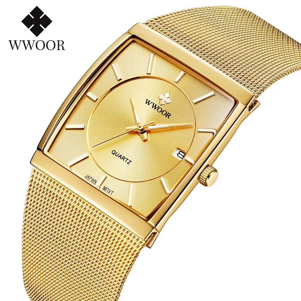 WWOOR Luxury Gold Watches For Men Square Quartz Watch Slim Steel