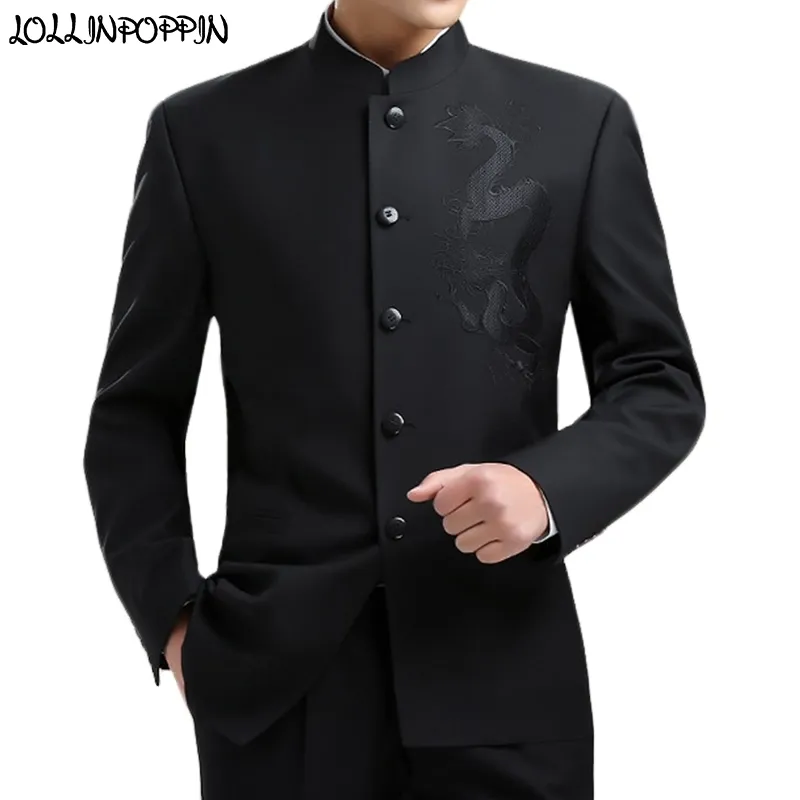 Dragon Embroidery Mannen Chinese stijl Tuniek Suitjack Mandarijn Stand Kraag Nieuwe Kung Fu Jas Single Breasted Black 201106