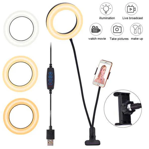 Novo Design 6 Polegada Luz Luzes Luzes Clip de Desktop Luz Branca Luz Branca Conexão USB Dimmable Selfie Anel de Selfie Vanity Light com Telefone