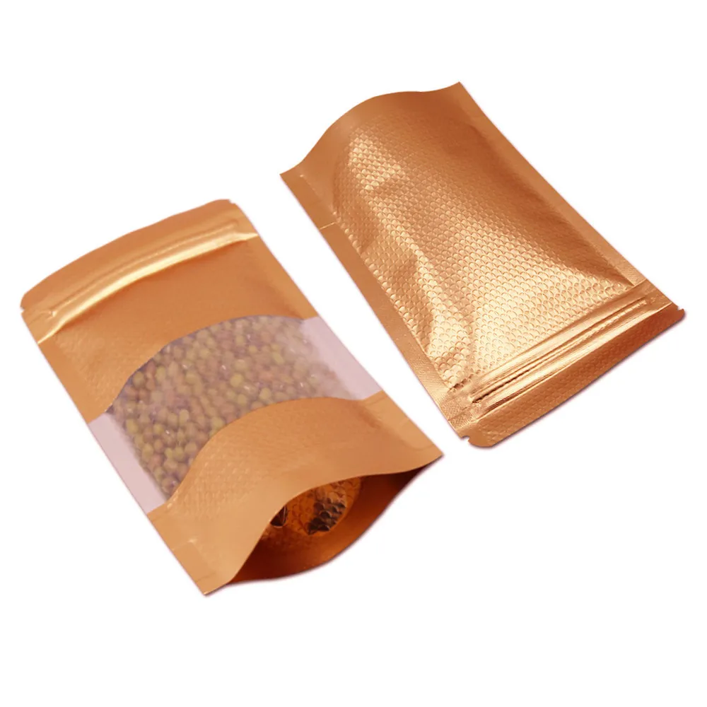 300pcs / lote levante-se folha de alumínio de ouro grava o saco de fechadura de zíper para zip poli embalagem bloqueio selo de calor Doypack mylar embalagem sacos com janela