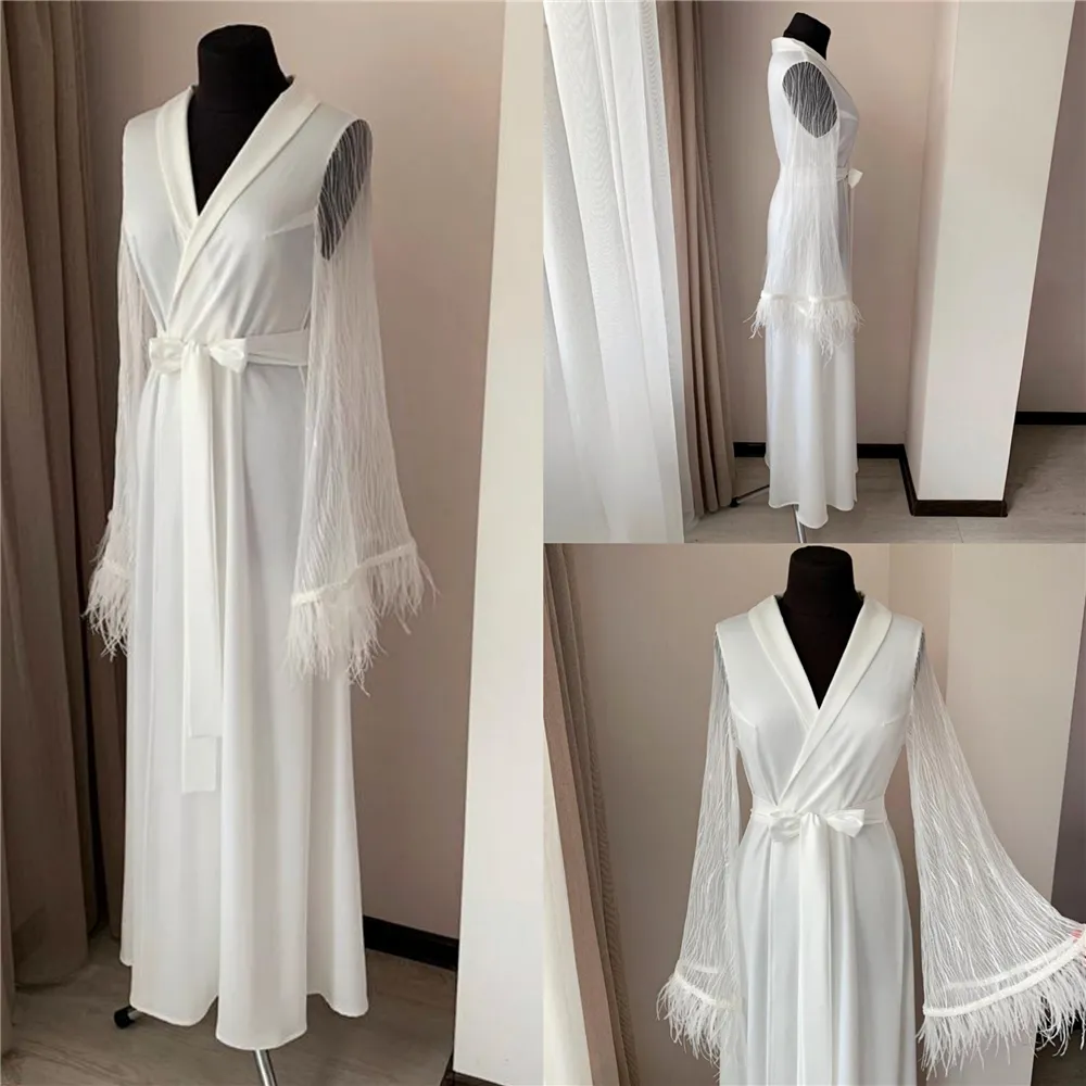 2020 Bridal White Jacket Night Robe Långärmade Lace Feathers Party Sleepwear Nattklass med bälte Gravidrockar