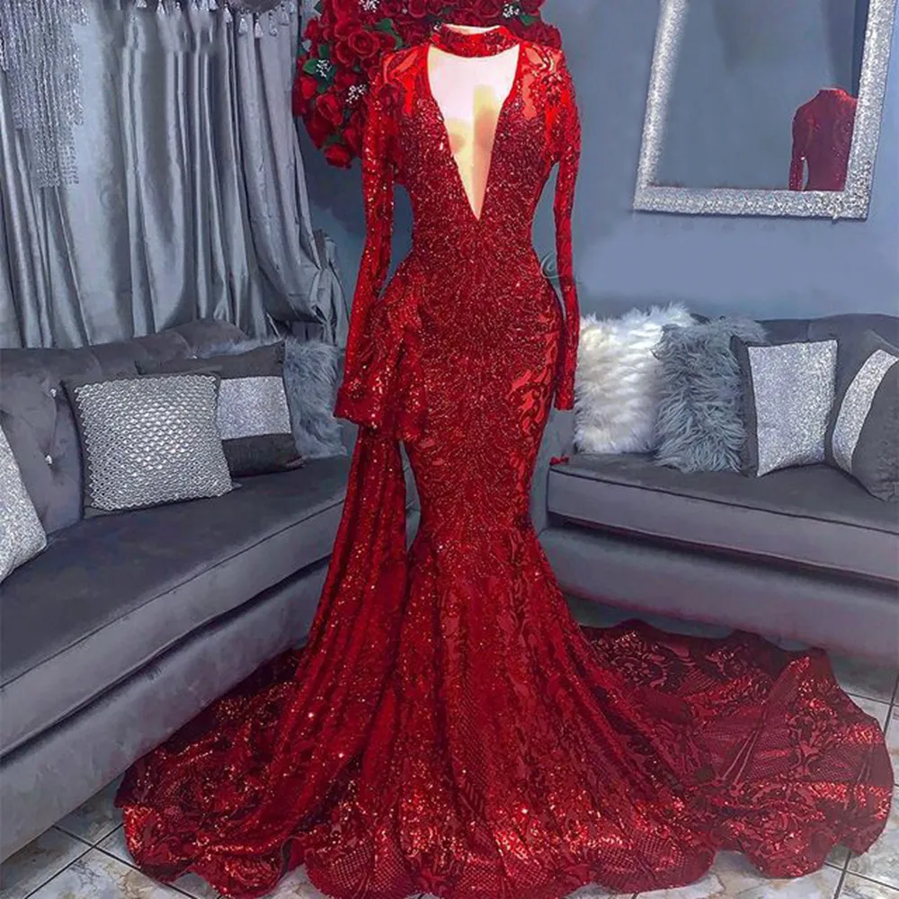 Mermaid Long Sleeve evening dress Red Sparkly Sequin Floor Length African Black Girls Long Prom Dresses 2022 With Train