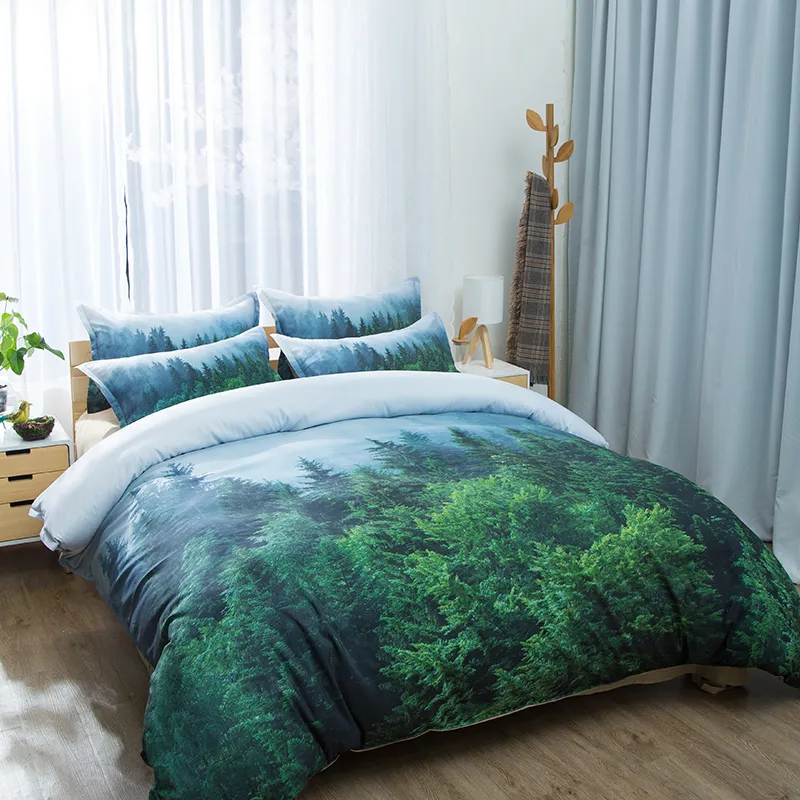 Natural Maple Forest Bedding Set 3 Parte Outono Rústico Outono Árvore Duveta Tampa Verde Woodland folhas Única cama king sets T200706