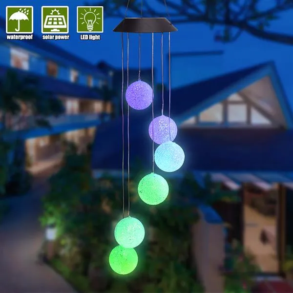 2V 40mAh Solar Smart Light Control Wave Ball Wind Chime Style Corridor Dekoration Hänge 6 F5 Lampa Pärlor Svart Solar Panel Färgglada Ljus