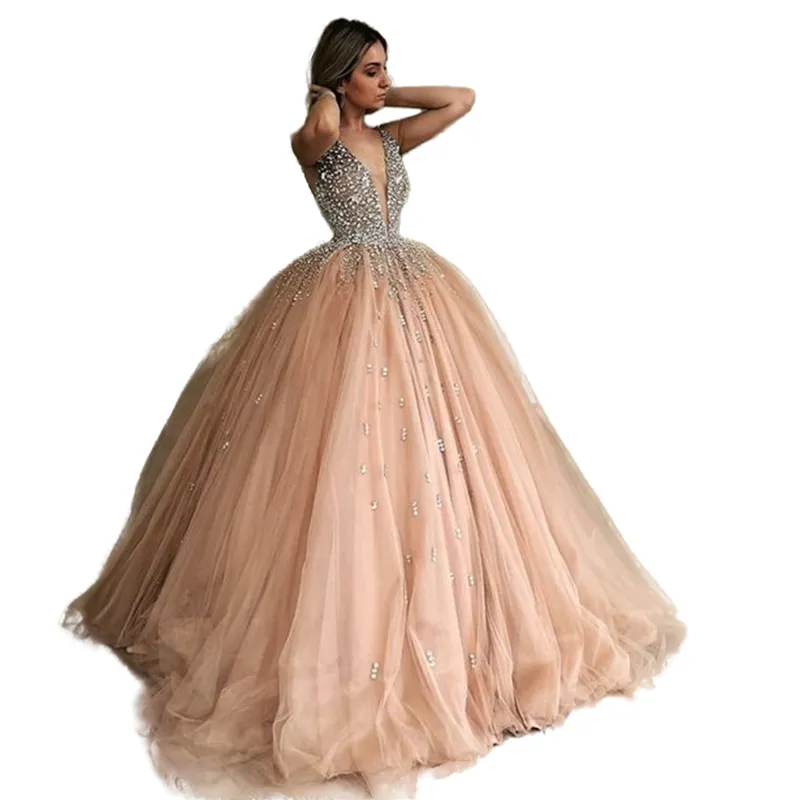 Bling Ball Gown Gold Quinceanera Dresses Rhinestone Crystals Sequins Beaded  Puffy Tulle Prom Dress Elegant V Neck Sweet 15 Year Old Party Wear 2026  From 129,3  | DHgate