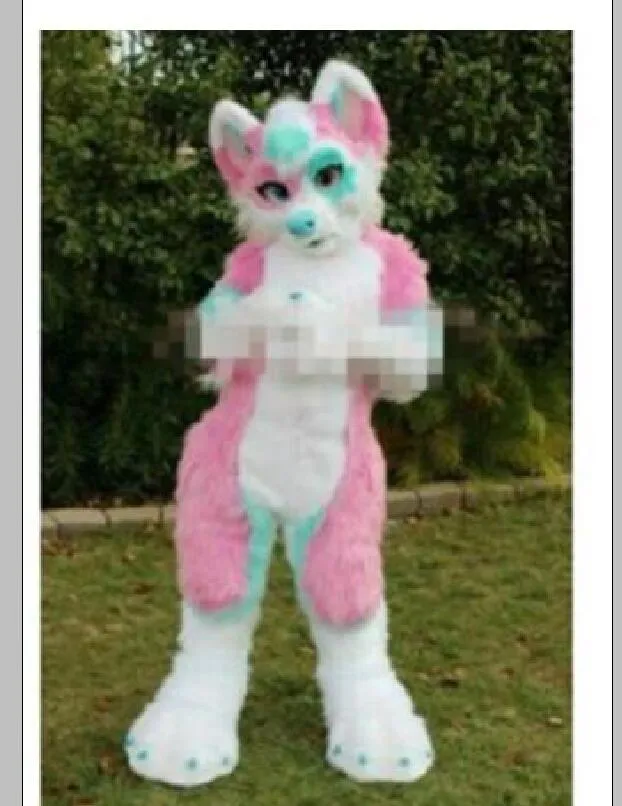 2019 Beroep gemaakt Pink Long Furry Fox Wolf Husky Dog Mascot Costume Fursuit Adult Cartoon Christmas party