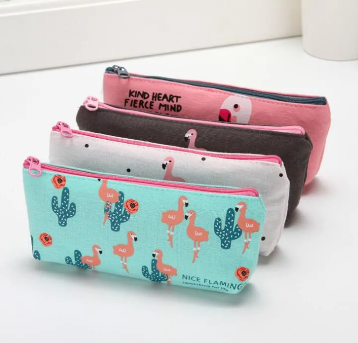 200pcs Brief Cute Creative Flamingo Canvas Pencil Case Storage Organizer Pen Bags Pouch School office supplies