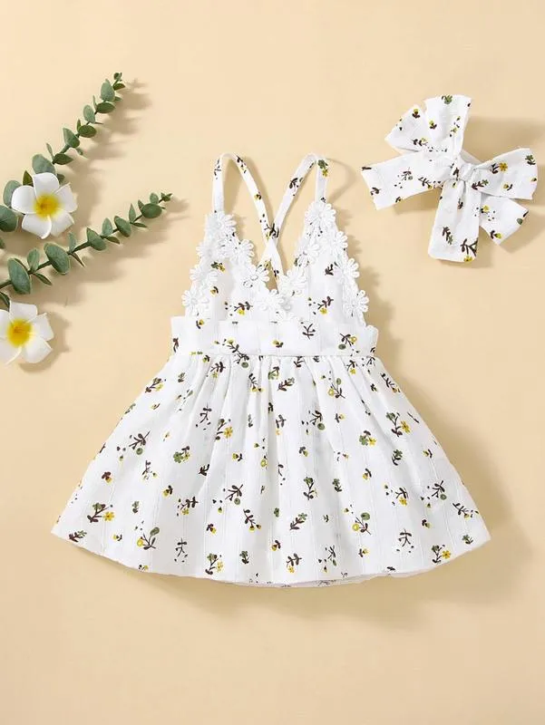 Baby Girl Cami Dress With Plant Print Appliques, Flared Cotton Spaghetti  Strap Dress, Short Sleeve Infant Dress With Matching Flower Headband,  Newborn Toddler Outfit From Deng08, $21.39 | DHgate.Com