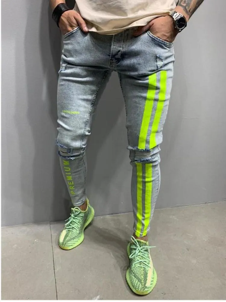 Jeans Men Skinny Striped Zipper Denim Hole Wash Vintage Hip Hop Work Trousers Slim Printed jeans European Big Size men clothing