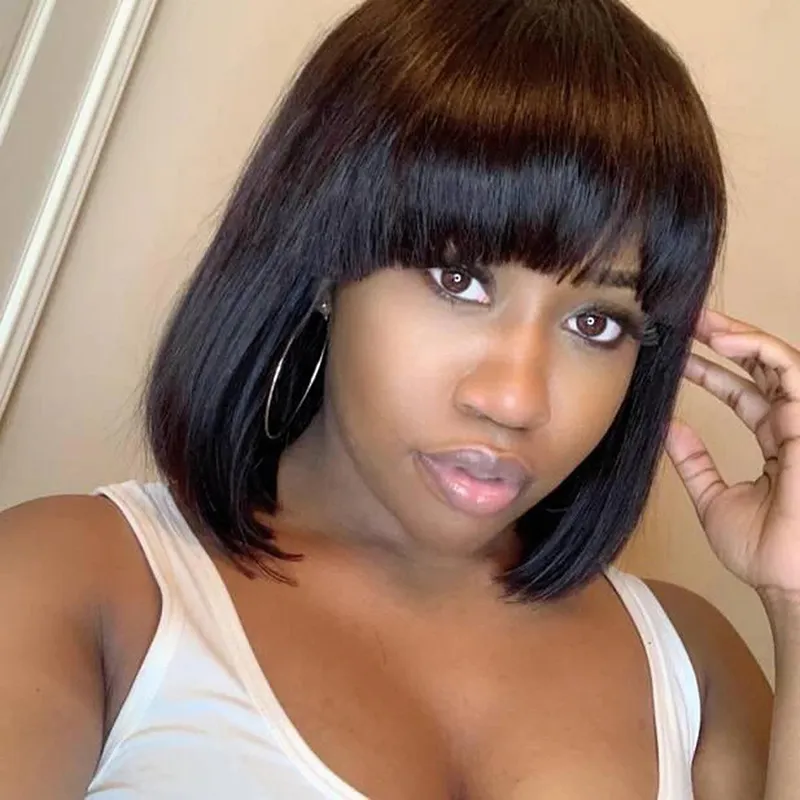 Bang Wig Perruques de cheveux humains 150% Densité Court Bob Perruques de cheveux humains avec une frange Péruvien Remy Hair