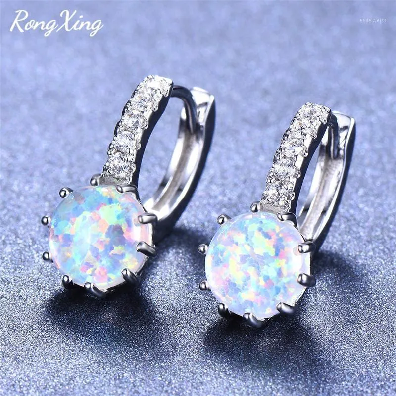 Hoop & Huggie RongXing 8MM Round Stone White Gold Opal Earrings For Women Rose Filled Crystal Zircon Valentine's Day Gift1