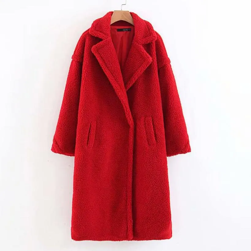 Mode-hiver femmes veste en peluche faux agneau manteau de fourrure en peau de mouton moelleux long pardessus femme theken chaud bouton couvert outwear