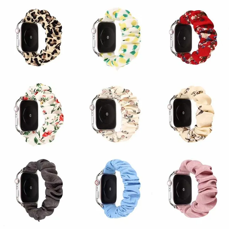 For Apple Watch Series 6 5 4 3 2 Fashion Leopard Flowers Soft Scrunchie Casual Band Wristwatch Strap