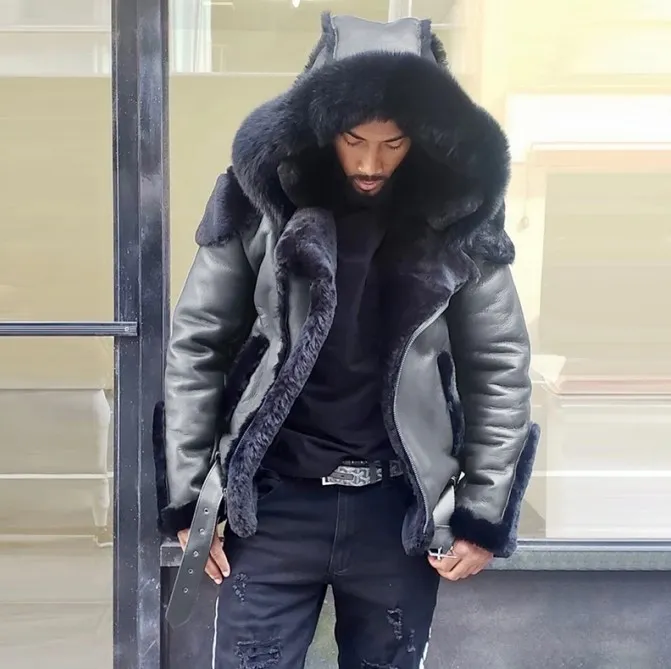 WEPBEL Leather Coats For Men Motorcycle Jacket With Faux Fur Hood