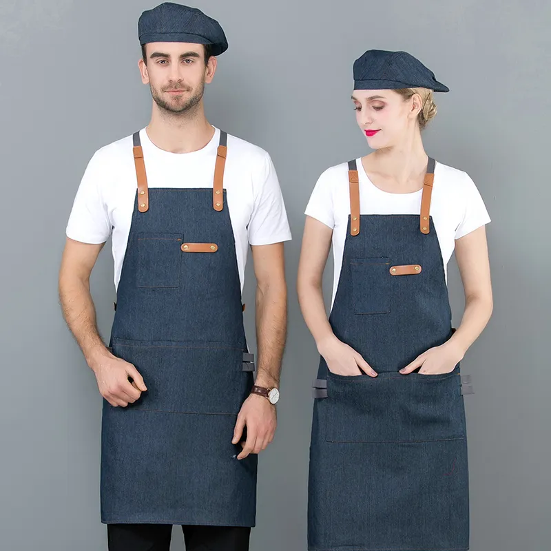 Long Apron Jenim Restaurant Hotel Hotel Chef Avental Bar Pub Cozinha garçonete garçonete Cook Apron Universal Cooking Hat Caps 56-58cm