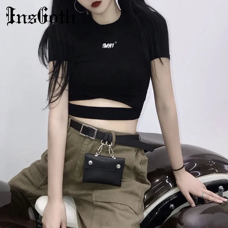 InsGoth T-shirt nera da donna aderente Crop Top T-shirt gotica streetwear Stampa lettera manica corta T-shirt donna sexy Top T200512