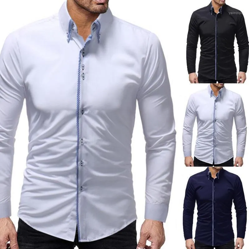 Herrklänningskjortor Trendiga män Solid Color Long Sleeve stänger av krage knapp bomullsslim affärsskjorta julklapp till M2811