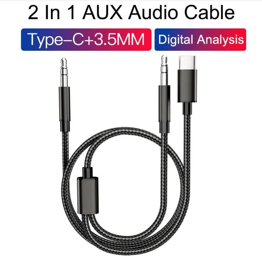 Typ C och 3,5 mm till AUX Audio Cables Stereo Car Extension Audio Cable för Android -telefon med detaljhandelspaket