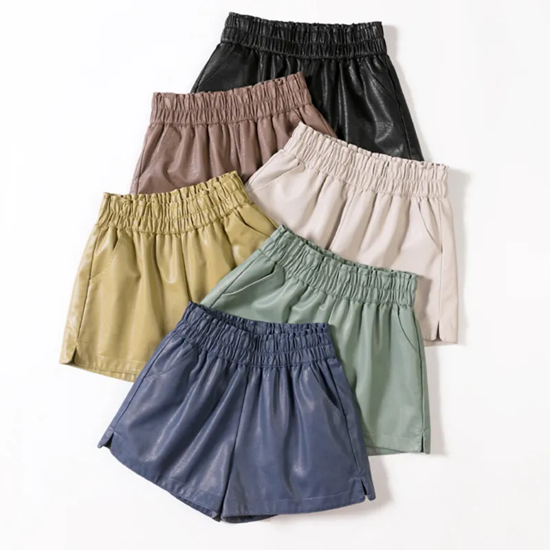 Elástica alta cintura larga perna bicicleter shorts pu couro shorts mulheres plus size femme casual senhoras shorts