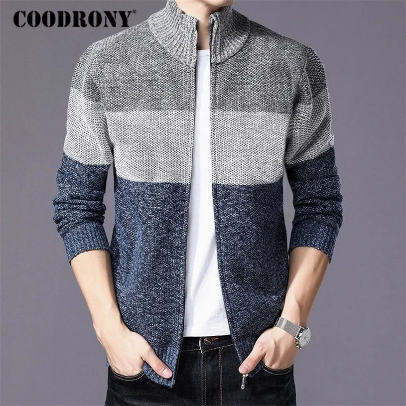 Coodrony Cashmere Wool Sweater Casat com revestimento de algodão com zíper de camisola de suéter de masculino inverno grossa cardigã quente H003 201221