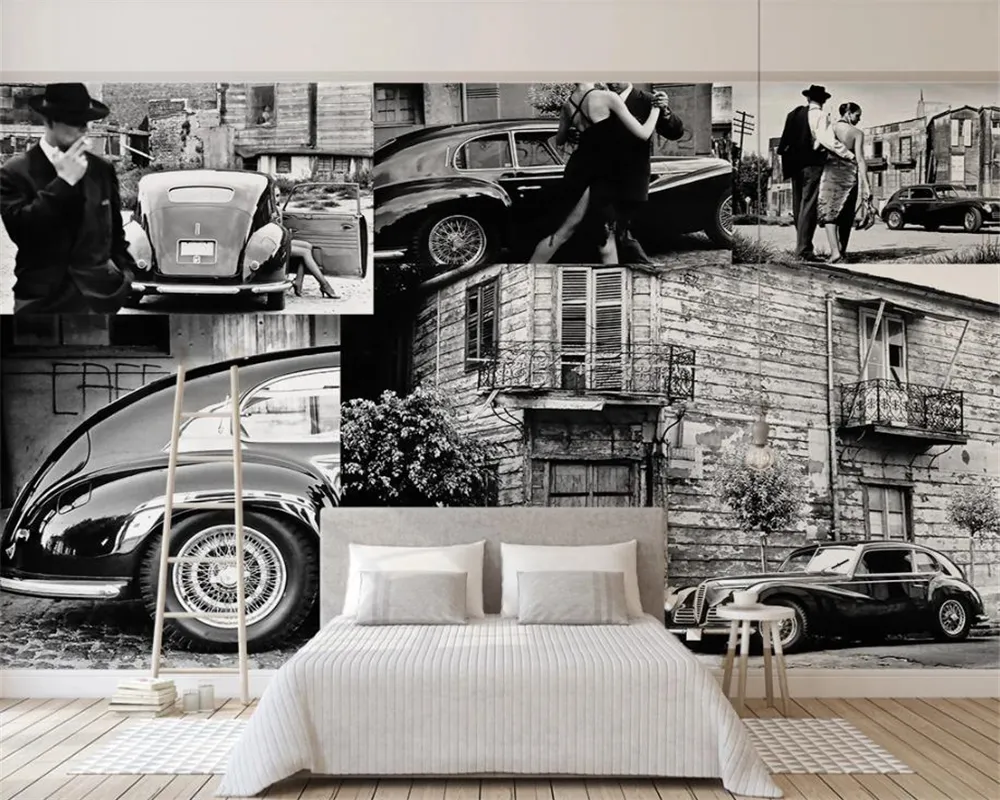 European Retro 3d Wallpaper Black And White Landscape Car Couple 