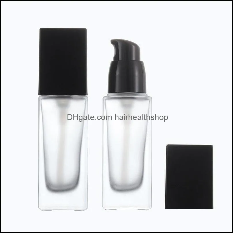 20ml 30ml 40ml Clear Frosted Square Glass Bottle with Black Pump for Lotion Essential Oli Facial Water Liquid F1976