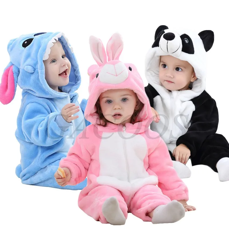 Mignon de Bande Dessinée Flanelle Bébé Barboteuses Stitch Lapin Panda  Pyjamas Coton Garçon Filles Animal Costume Combinaison Kigurumi Outfit  201027